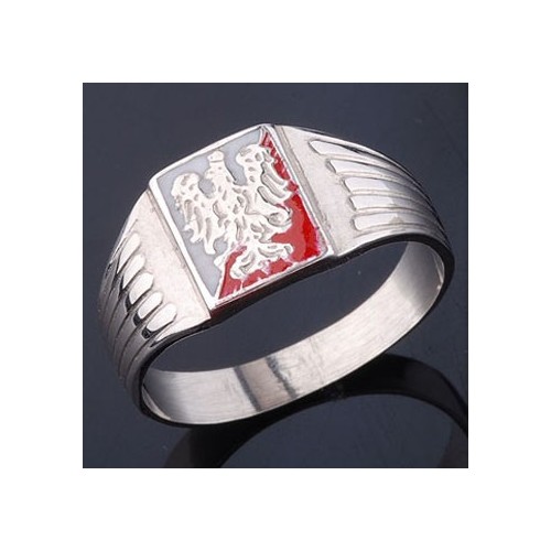 Sygnet srebrny z orłem piastowskim na biało-czerwonym tle